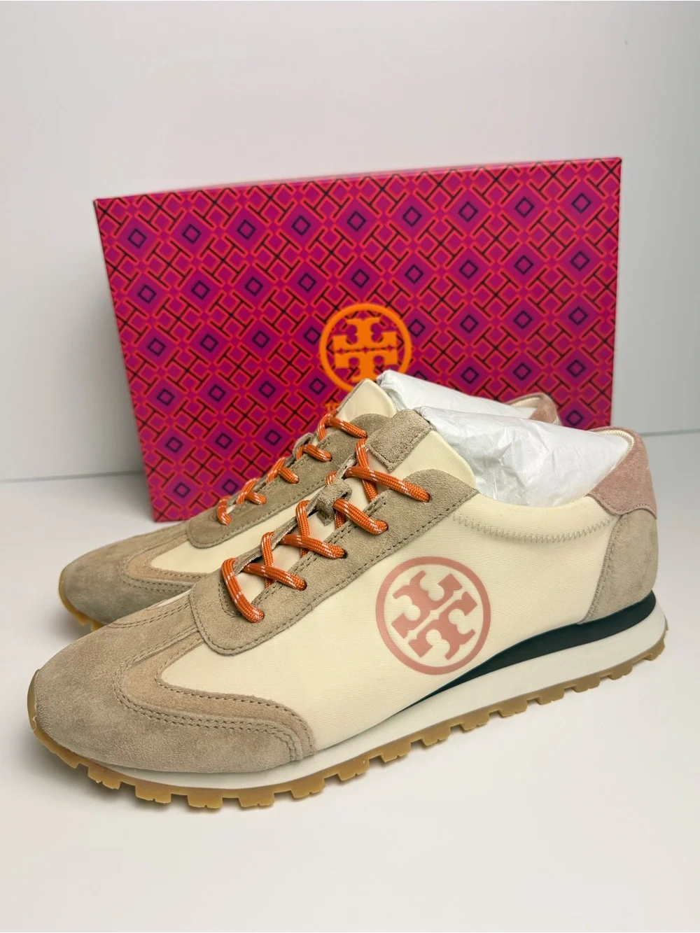 Tory Burch Annie Nylon Runner Sneakers New Cream Noisette Malva Suede US 9